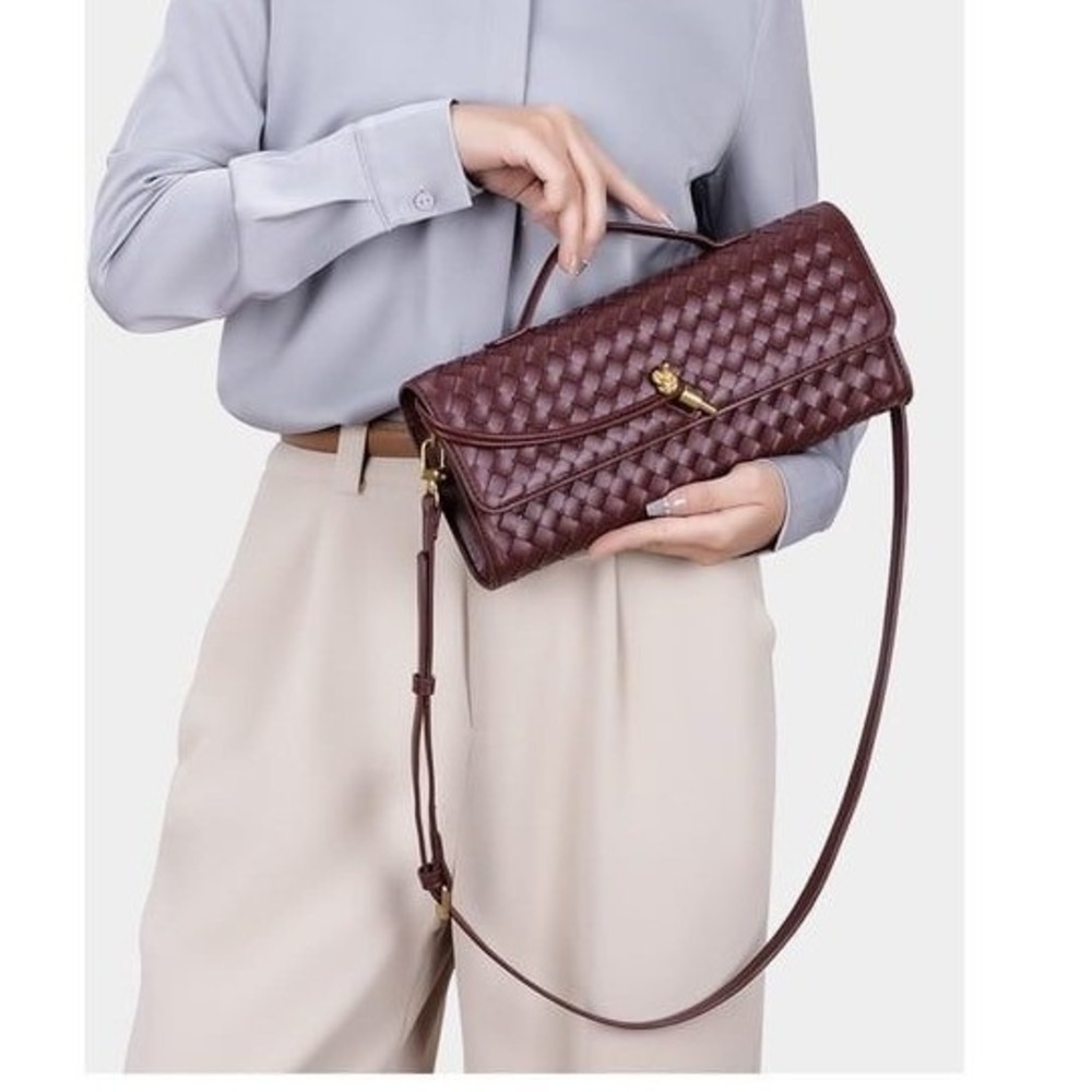 Woven Burgundy Vegan Leather Crossbody Clutch Bag with Knot Lock New